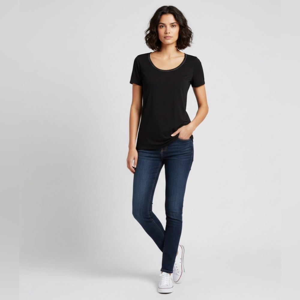 🖤 Elie Tahari Petite Black Tee – Soft Modal Blend w/ Dressy Ribbon Detail ✨